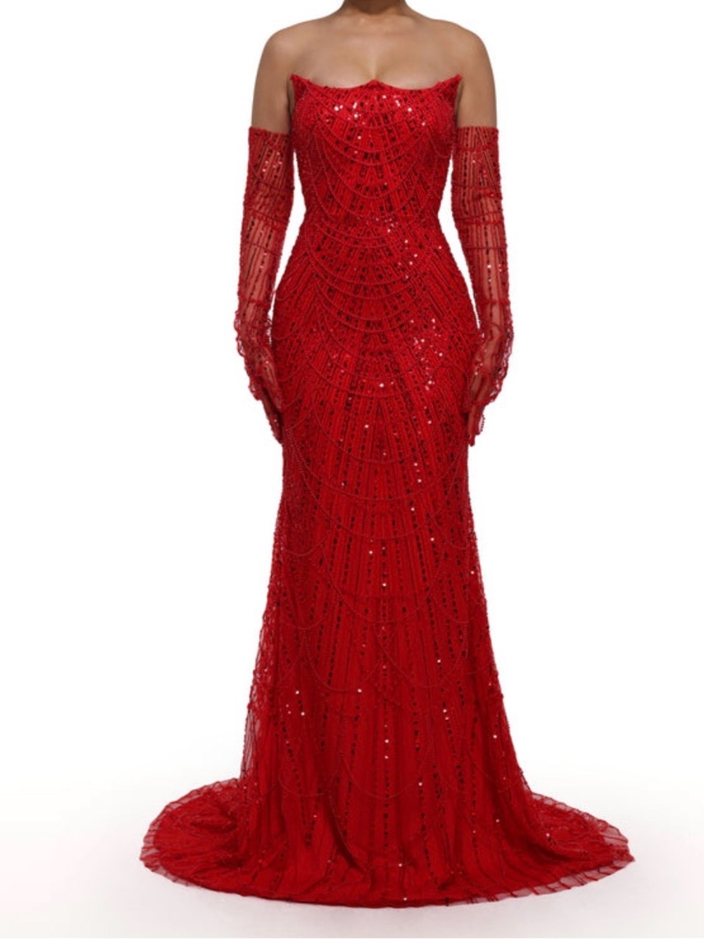 Alglist Red Beaded Strapless Evening Dress with Matching Gloves